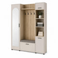 Flurschrank Garderobe mit Spiegel Sitzbank 160x35x190 cm MDF Holzdekor Beige Grau Schwarz