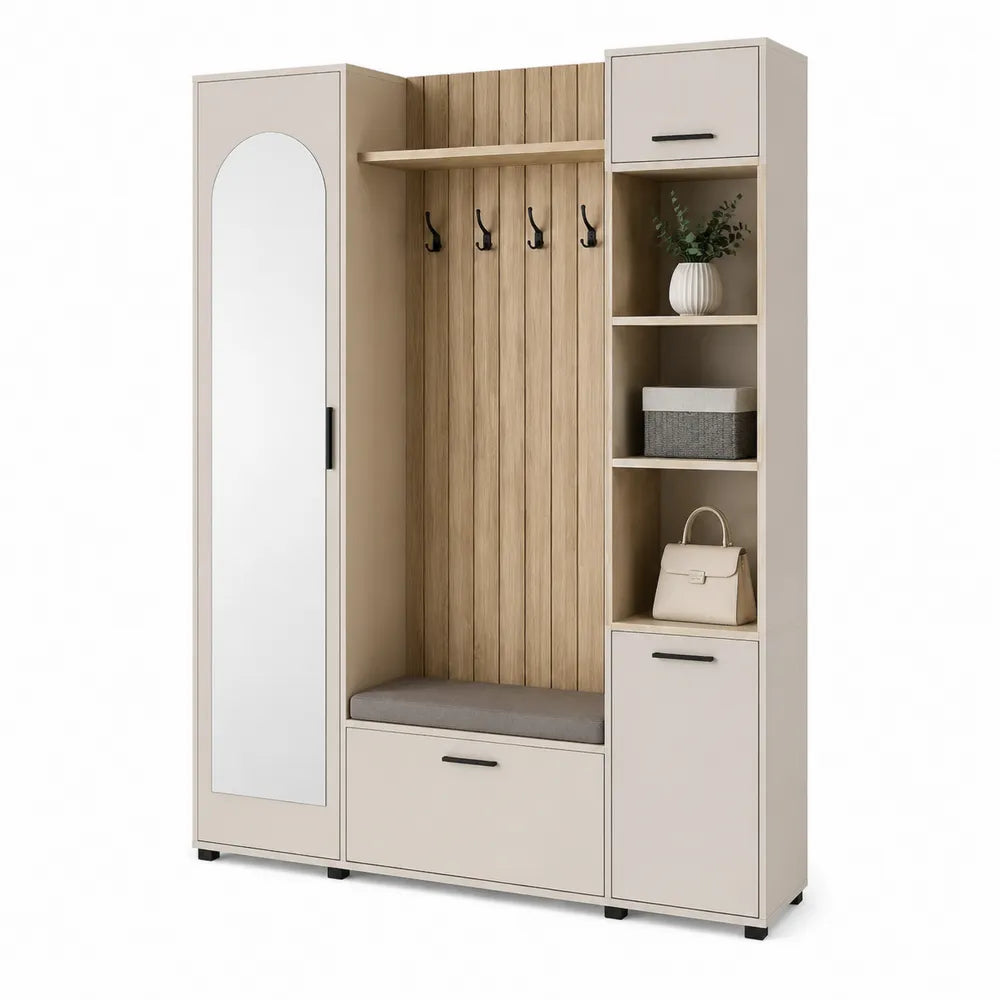 Flurschrank Garderobe mit Spiegel Sitzbank 160x35x190 cm MDF Holzdekor Beige Grau Schwarz