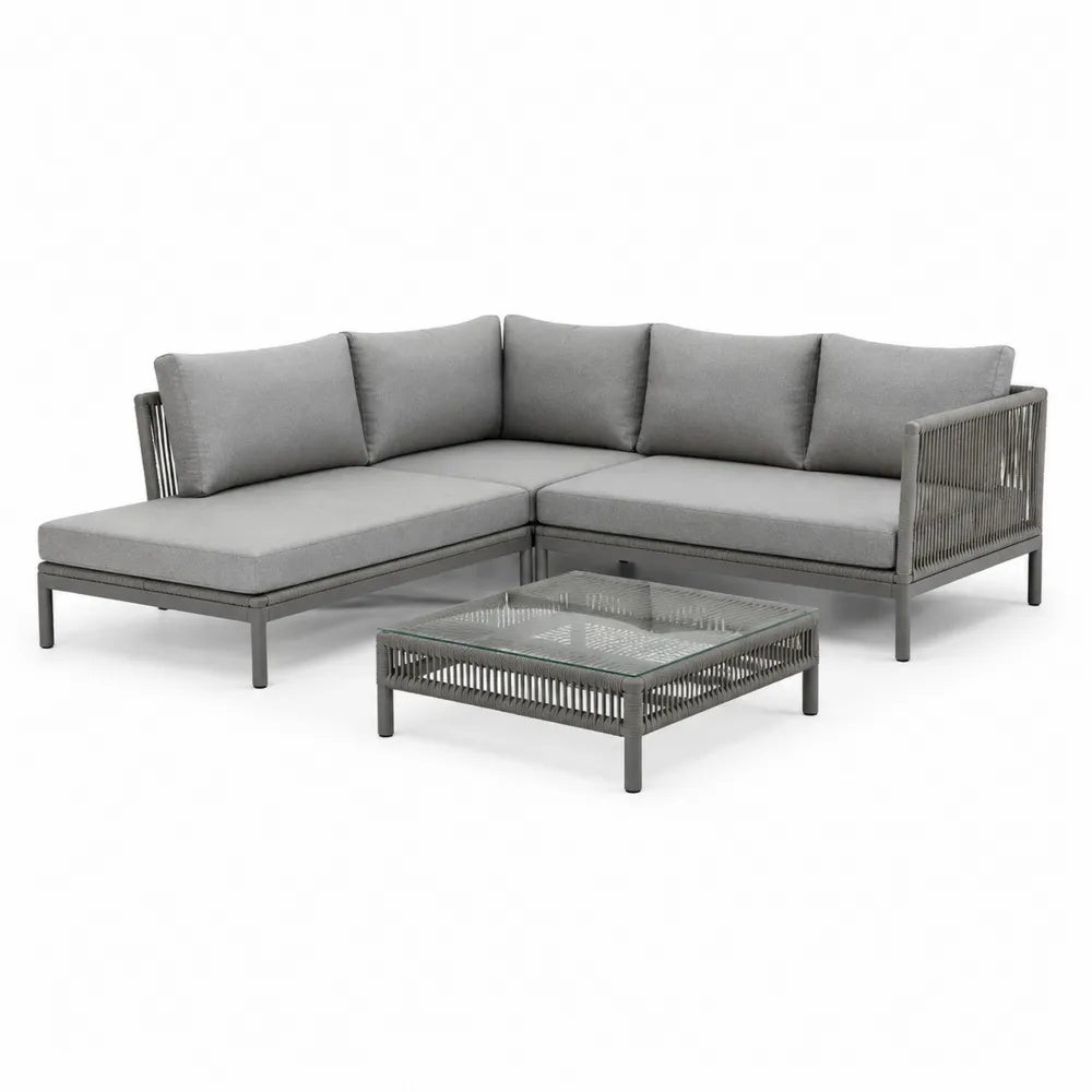 Gartensofa Set Ecksofa mit Couchtisch Aluminium PE Seil Geflecht Grau Glasplatte 240 x 180 x 70 cm