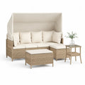 Gartensofa Set mit Dach Ecksofa Tisch PE Polyrattan Aluminiumgestell Beige Cremeweiß 240 x 180 x 180 cm