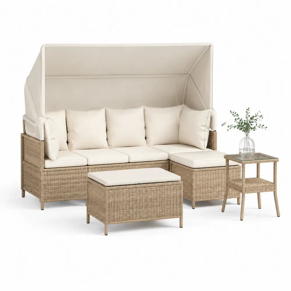 Gartensofa Set mit Dach Ecksofa Tisch PE Polyrattan Aluminiumgestell Beige Cremeweiß 240 x 180 x 180 cm