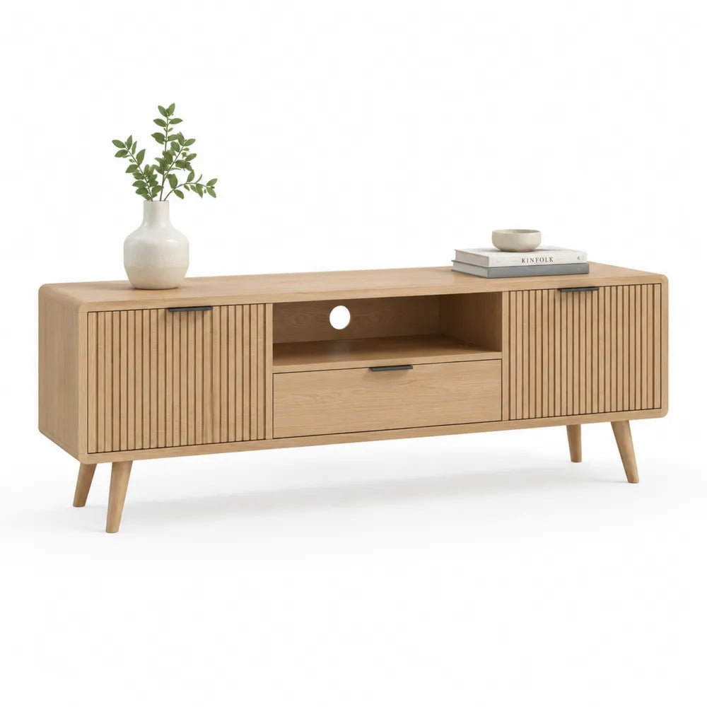 TV Lowboard 180x40x55 cm MDF Holzdekor Rechteckig Eiche Natur mit Türen und Schublade