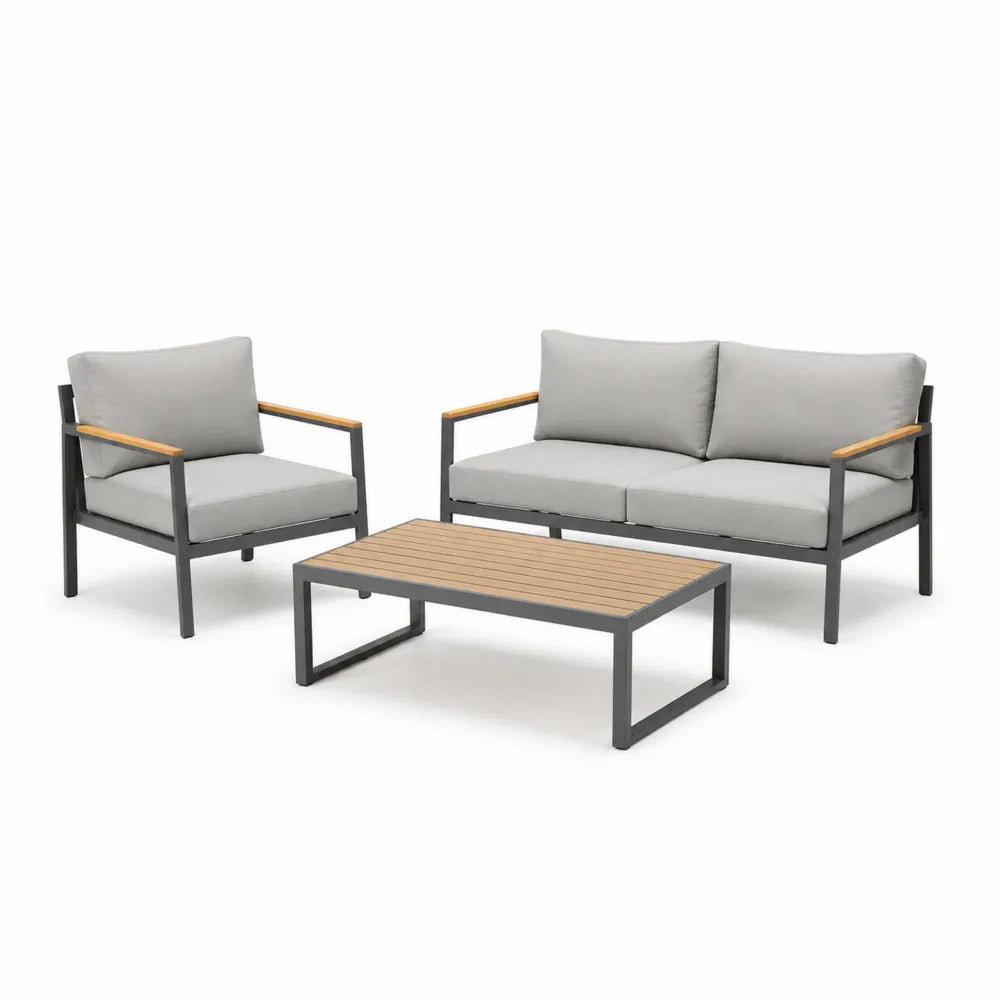 Gartensofa Set mit Tisch Lounge Sitzgruppe Aluminiumgestell Holzoptik Grau 210 x 160 x 65 cm