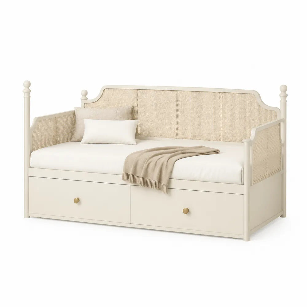 Daybett Einzelbett Rattanoptik MDF Bettgestell mit Schubladen Creme 90 x 200 cm