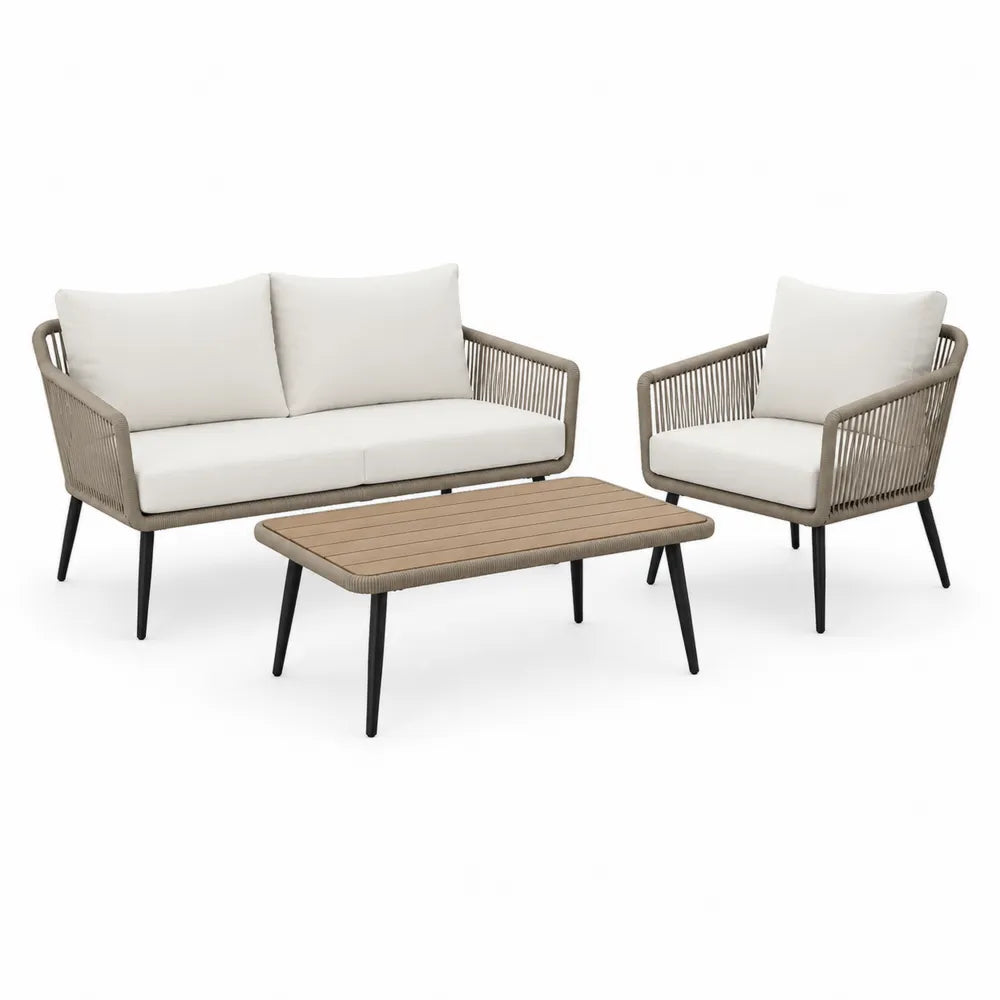 Gartensofa Set mit Sofa Sessel Tisch Aluminiumgestell Polyrattan Geflecht Beige Grau Schwarz 220 x 160 x 75 cm