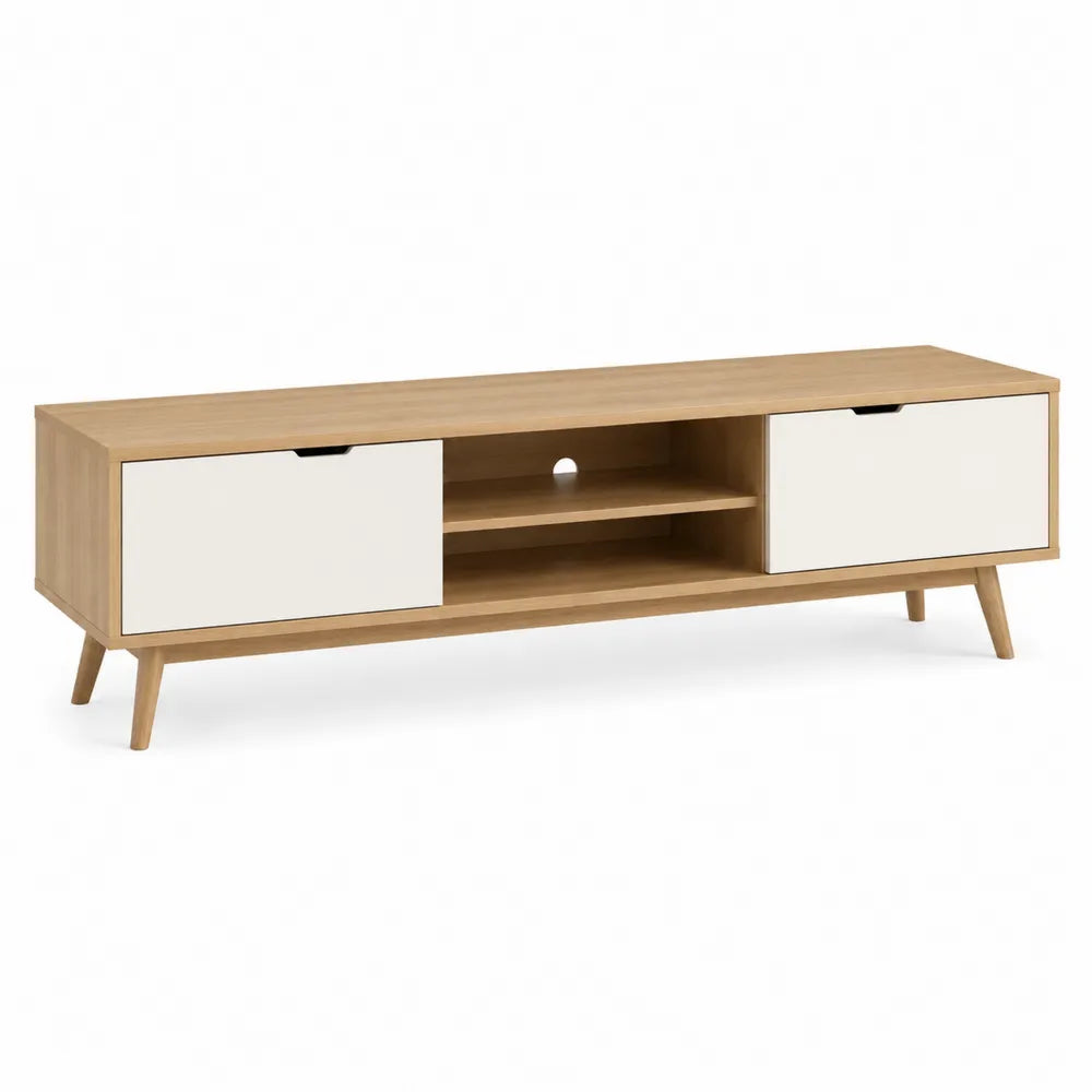 TV Lowboard 220x40x55 cm MDF Holzfüße Rechteckig Natur Weiß mit Türen und Ablagefach