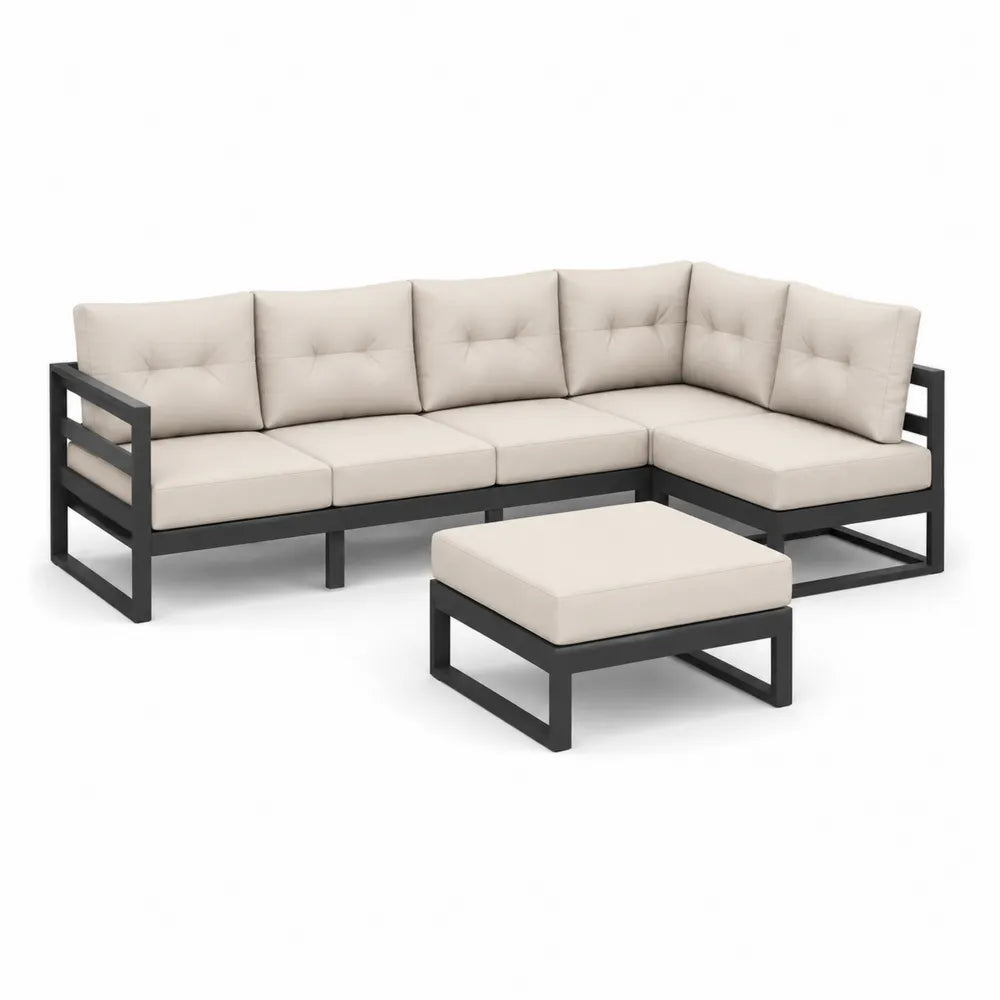 Gartensofa Set Ecksofa mit Hocker Aluminiumgestell Sitzkissen Beige Schwarz 260 x 200 x 75 cm
