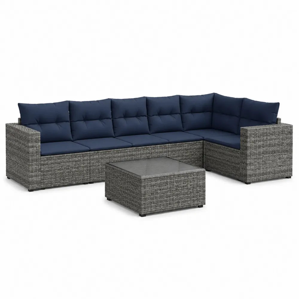 Gartenmöbel Set Ecksofa mit Tisch PE Polyrattan Aluminiumgestell Sitzkissen Grau Dunkelblau 280 x 220 x 70 cm