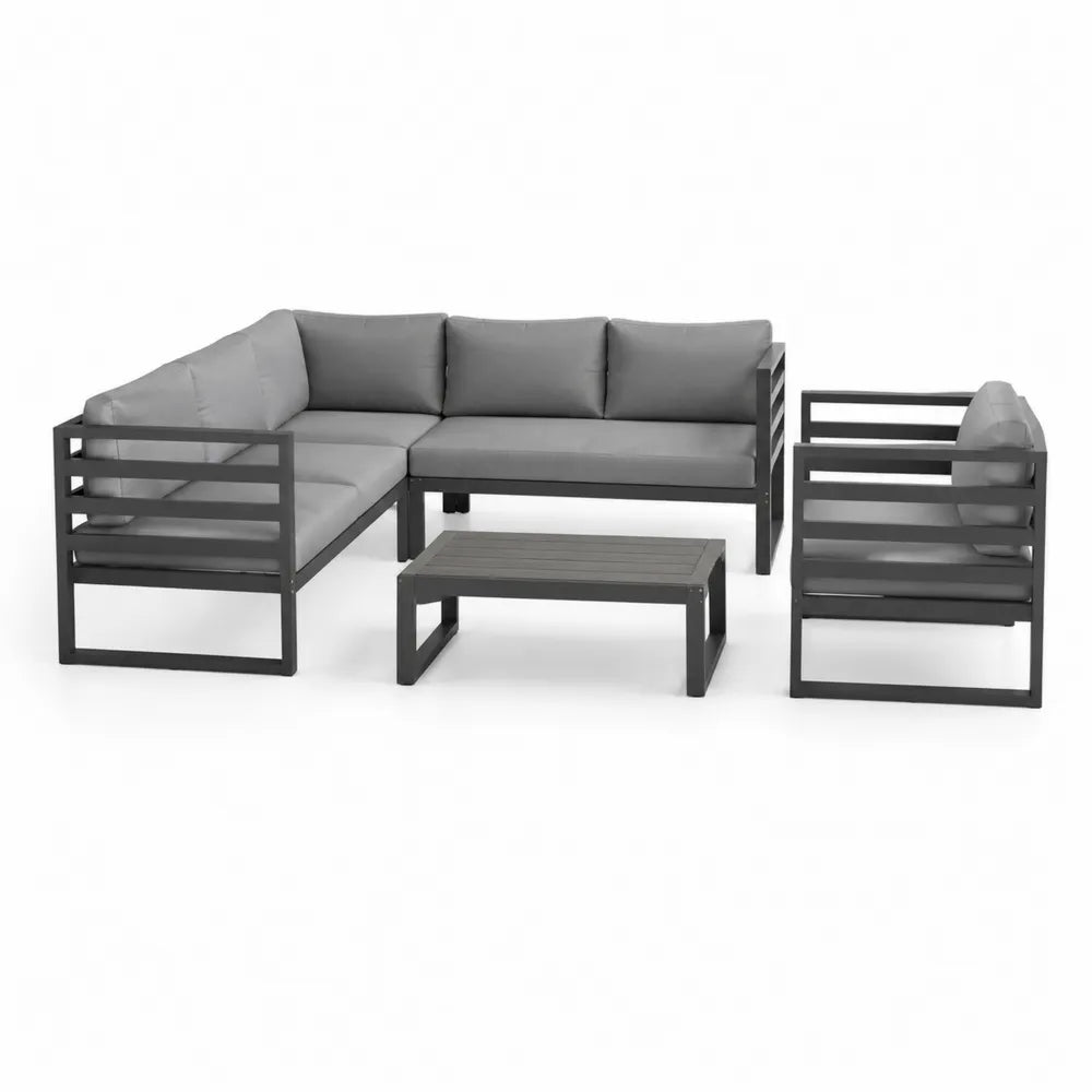 Gartensofa Set Ecksofa mit 2 Sesseln Tisch Aluminiumgestell Sitzkissen Grau Schwarz 280 x 220 x 75 cm
