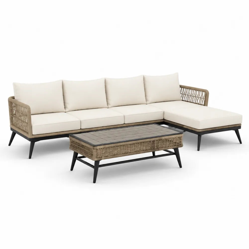 Gartensofa Set mit Tisch Ecksofa PE Polyrattan Aluminium Geflecht Beige Cremeweiß Schwarz 260 x 220 x 75 cm