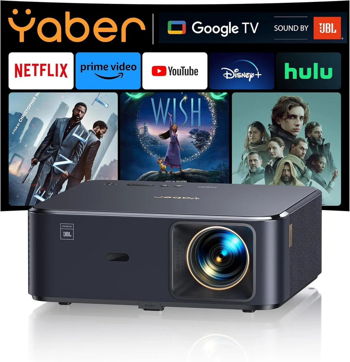 Beamer 4K mit Android TV 11.0, Sound by JBL WiFi6 K2s 1080P, YABER Full HD Beamer Heimkino Outdoor 300' Display Video Projektor, Dolby Audio, NFC
