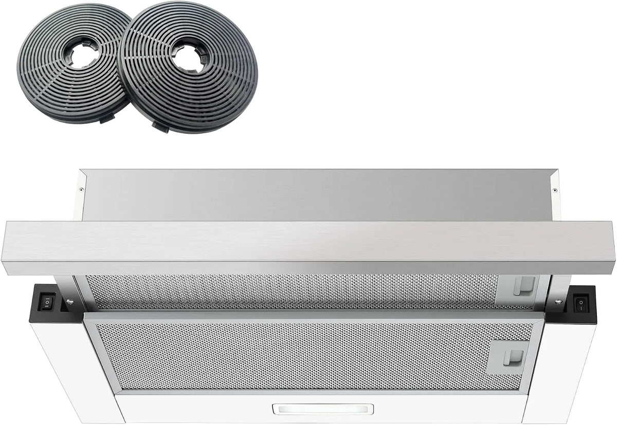Dunstabzugshaube 5-Schichten-Aluminiumfilter, 2 Geschwindigkeit, mit 2 Aktivkohlefiltern, Umluft, LED-Beleuchtung, Breite 60cm, 400 m³/h, Teleskop