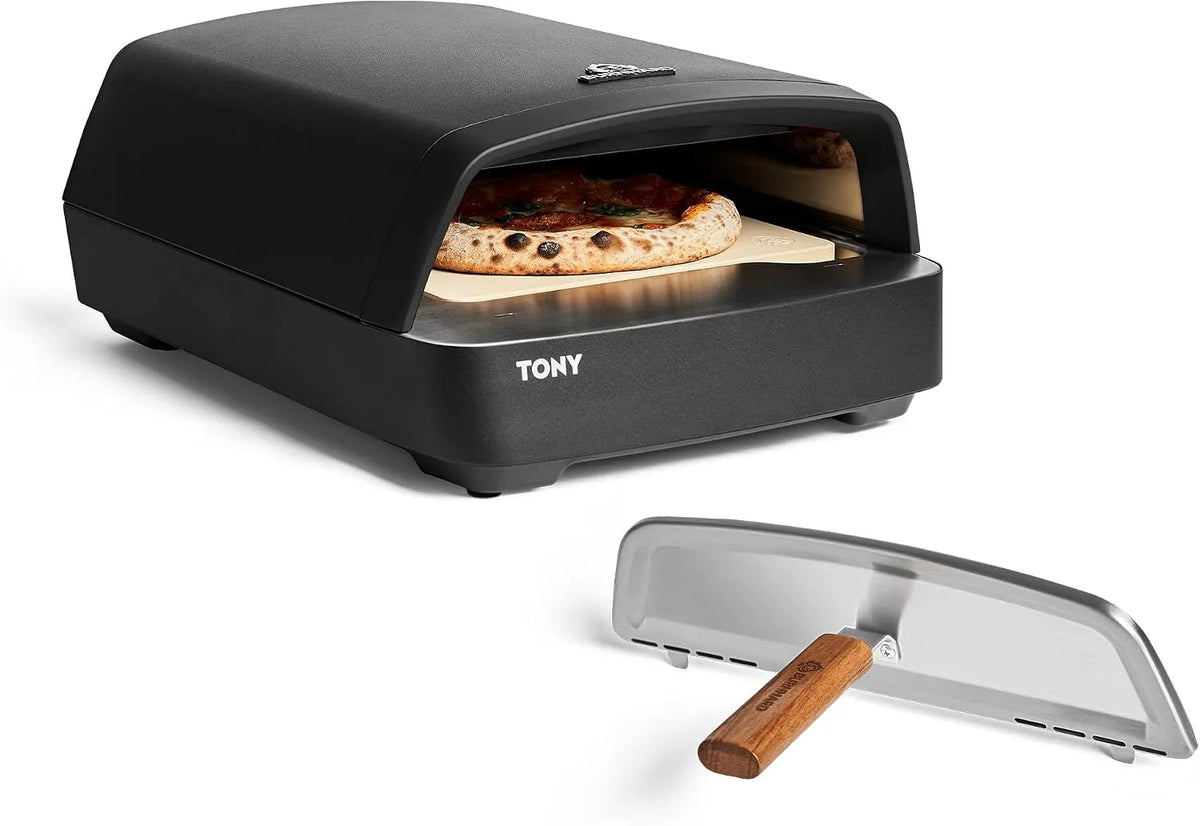 Pizzaofen BURNHARD Gas, Tragbarer 5,9 kW Outdoor Ofen für Pizza, Maße 58,5 x 47,7 x 24,8 cm, 450 °C, Tony inklusive. Hitzeschild