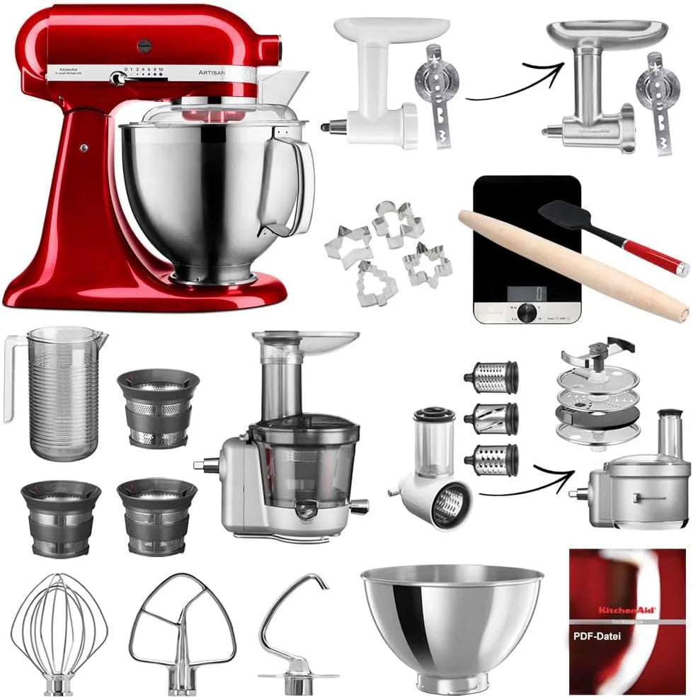 KitchenAid Küchenmaschine, Fassungsvermögen 4,8 Liter, Artisan, inklusive. Zubehör, Fleischwolf, Gemüseschneider, Entsafter-Vorsatz