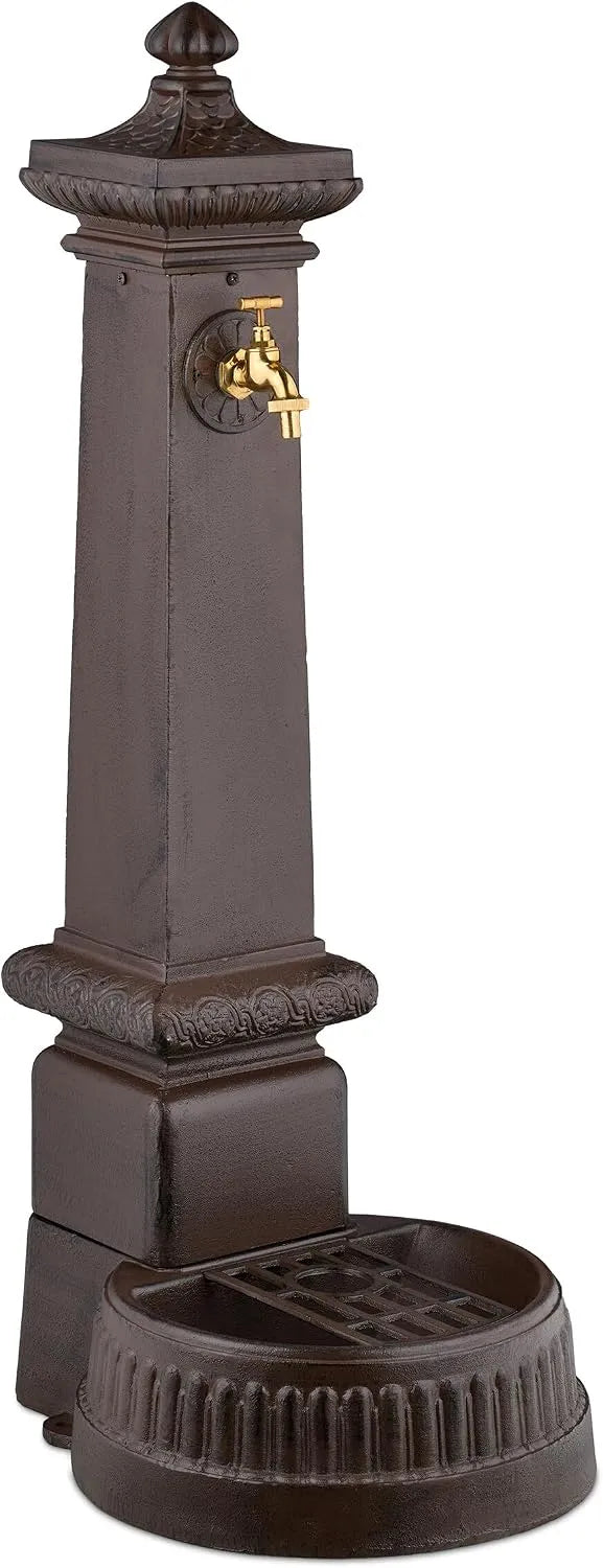 Braun Relaxdays Standbrunnen antik, HxBxT: 100x44,5x38 cm, mit Wasserhahn & Becken, Wasserzapfsäule Garten, Terrasse