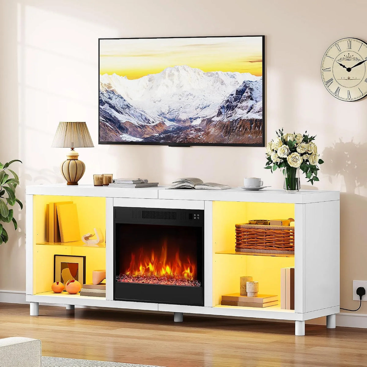 Schrank 3D-Flammeneffekt, Lowboard Sideboard mit Elektrokamin 1800W Leistung, LED, Thermostat, YITAHOME 148cm TV mit Elektrokamin, Timer