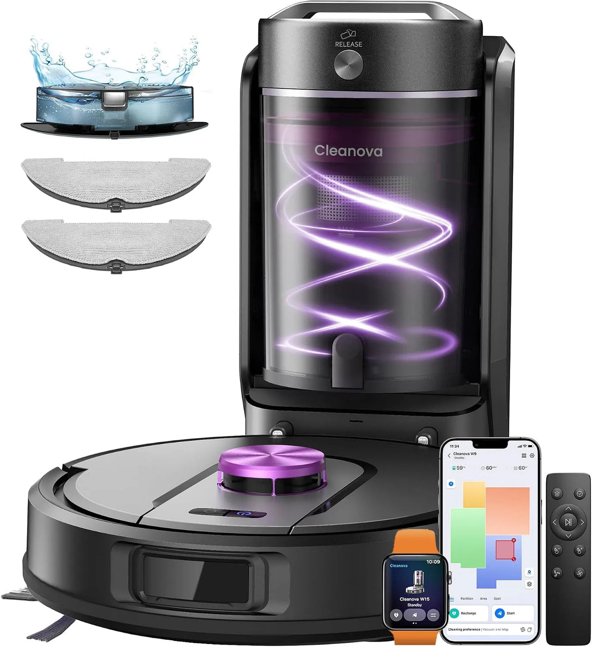 Saugroboter W15 180Min Vexilar, 3-in-1 Saug und Wischroboter, Beutelloser Multi-Zyklon-Absaugstation Staubsauger Roboter, 10000Pa, Max