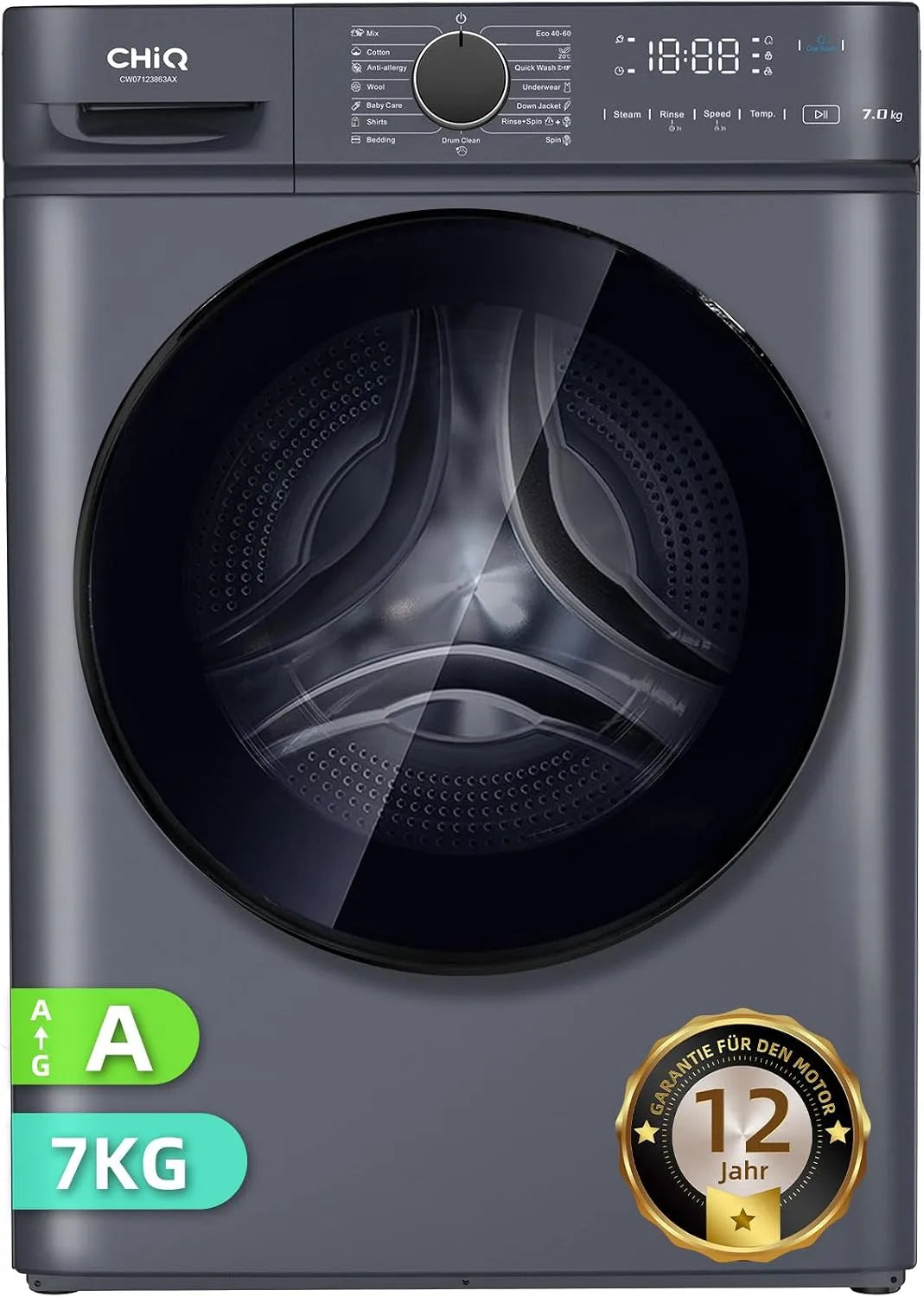 Waschmaschine 1200 CW07123863AX CHiQ, Maße 60x46,5x84cm, EEK A, Eco, Auto Clean, Min, Gewicht 7kg, InverterMotor, Große Tür
