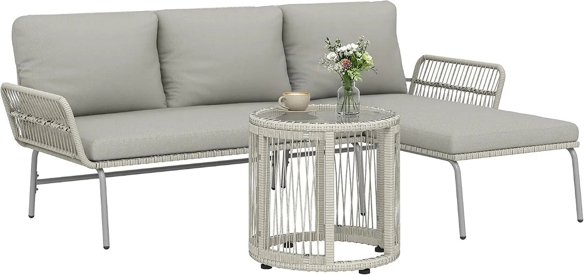 Outsunny Polyrattan Gartenmöbel Set 3-teilig, Rattan Sitzgruppe bis 3 Personen, Lounge Set mit Chaiselongue Zweisitzersofa Glastisch abnehmbar Kissen