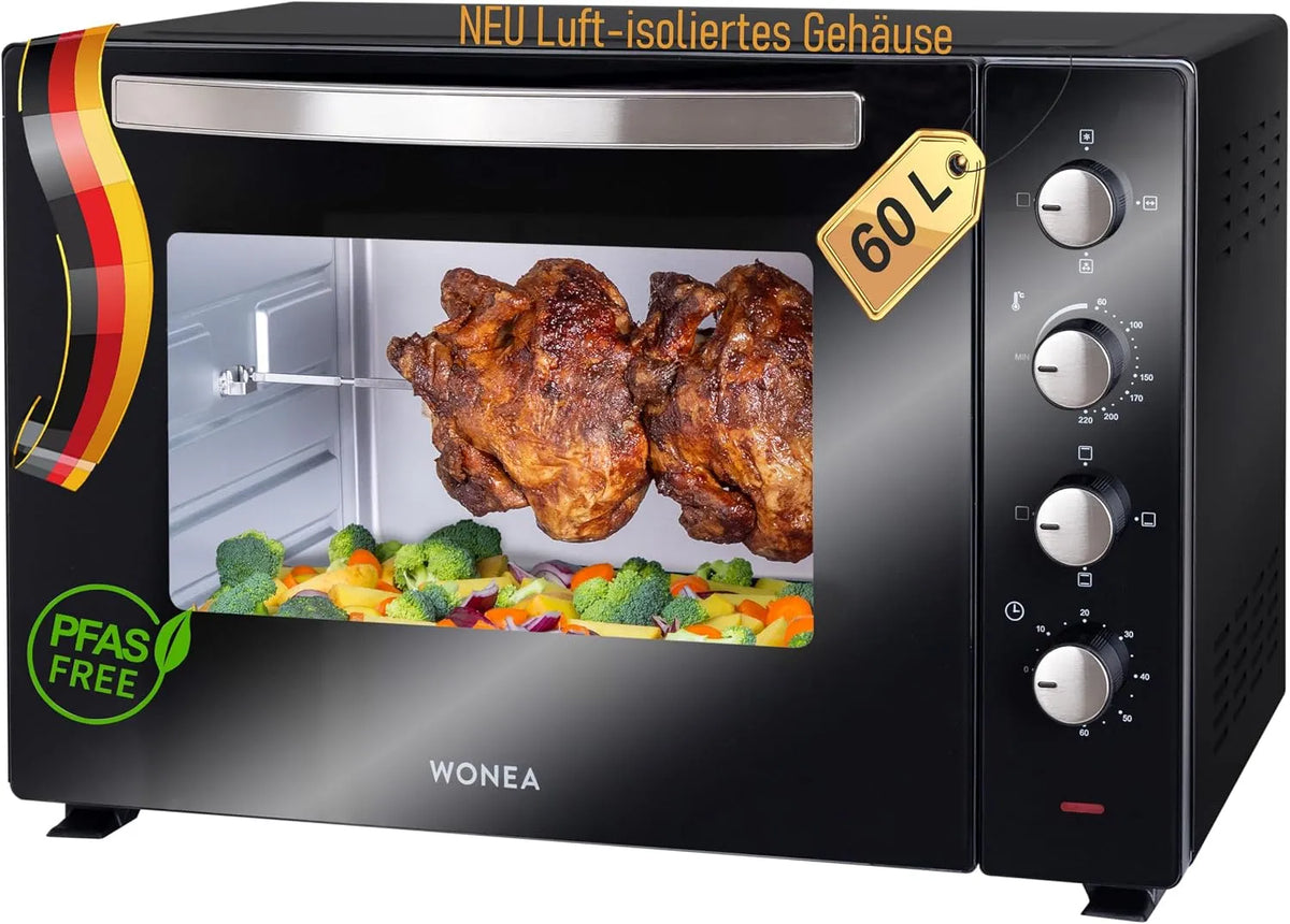 Backofen, Krümelblech, Minibackofen 60 Liter 2000 Watt Mini mit Umluft, Mini mit Luft-isoliertem Gehäuse, Ofen mit Licht