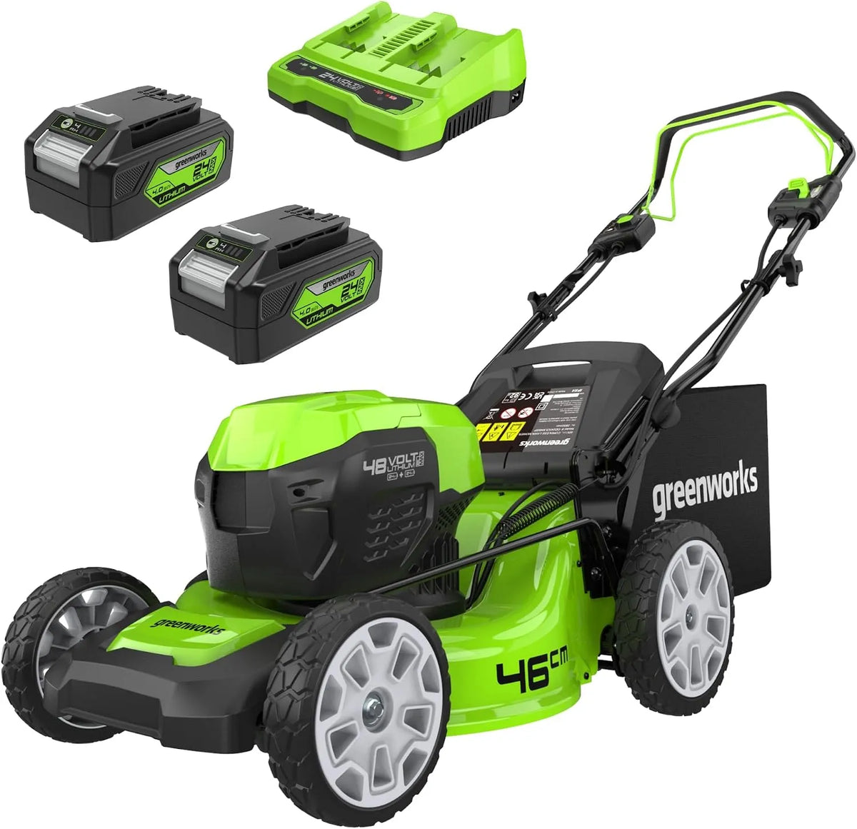 Greenworks Rasenmäher 4Ah-Akkus GD24X2LM46SPK4X, Spannung 24V x 2, bis zu 480m², Selbstfahrender Akku 48V, 46cm Schnittbreite