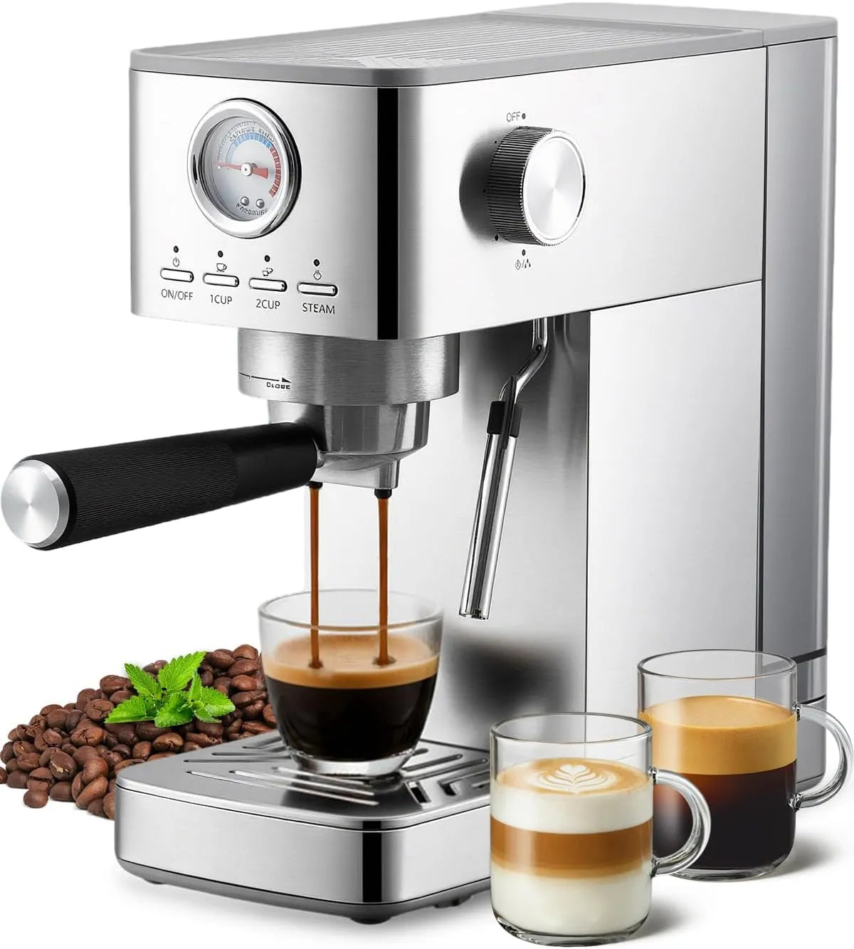 Espresso-Siebträgermaschine HAUSPROFI, Espressomaschine 15 Bar, Klein Kaffeemaschine Espresso für Cappuccino, Fassungsvermögen 1,4L Wassertank, Silber