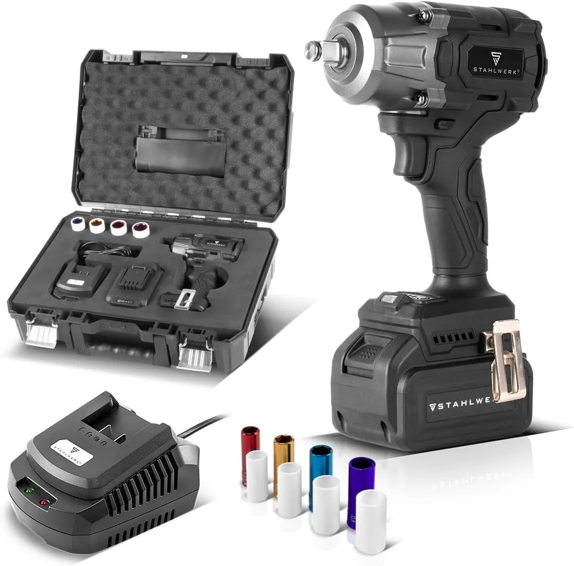 Modell ADS-880 ADS 880 ST STAHLWERK Akku-Schlagschrauber, Spannung 20 V, 4 Schonnüsse 17-22 mm, 880 Nm, ½' Zoll Aufnahme, Akku & Ladegerät