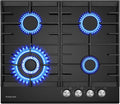 Kochfeld GH604BF, GASLAND 60 cm Glas Gaskochfeld 4-flammig, Leistungsstarker Butan Gas Kocher 8000 W, Einbaukochfeld mit Wokbrenner, Schwarzes Glas