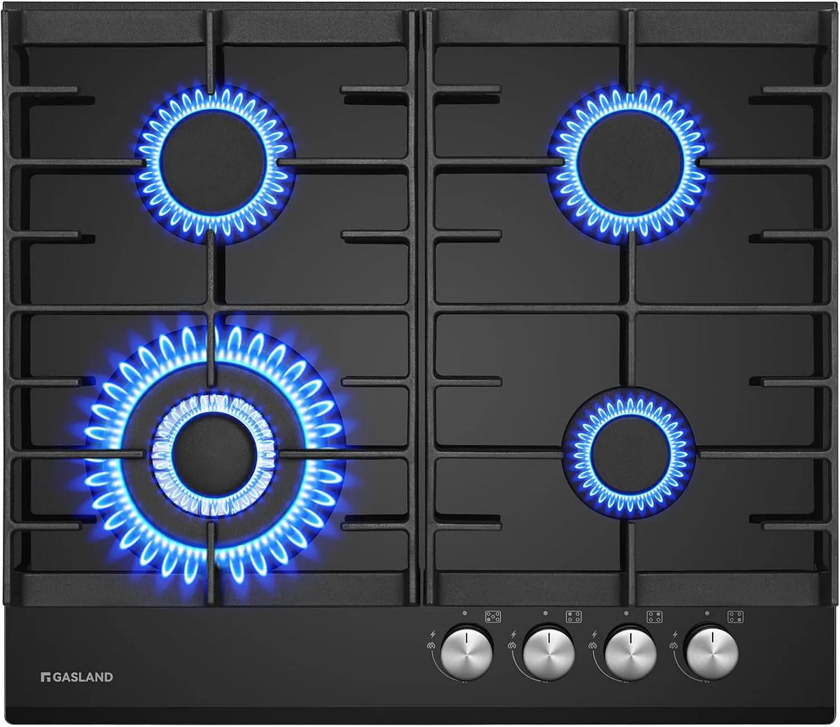 Kochfeld GH604BF, GASLAND 60 cm Glas Gaskochfeld 4-flammig, Leistungsstarker Butan Gas Kocher 8000 W, Einbaukochfeld mit Wokbrenner, Schwarzes Glas
