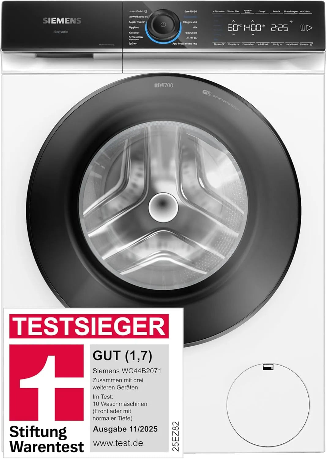 Siemens Waschmaschine WG44B2071 iQ700 1400, Stiftung Warentest Testsieger*, Made in Germany, Antiflecken-System, Smarte 9 kg, UpM