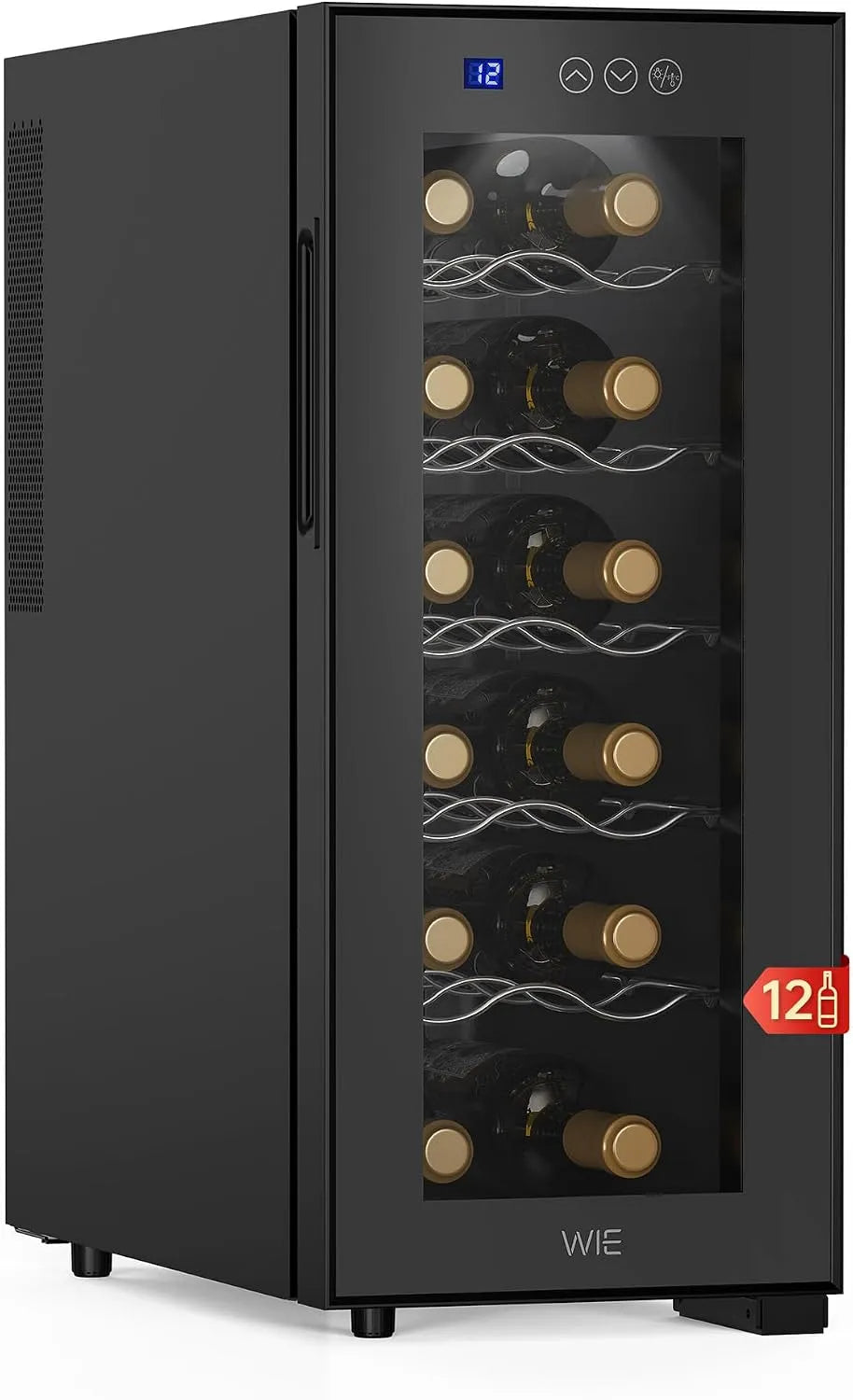 Kühlschrank, WIE Weinkühlschrank 1 Zonen 33 Liter 12 Flaschen Getränkekühlschrank Weinschrank Klein Wein Mini, mit Glastür Vollglas-Designtür