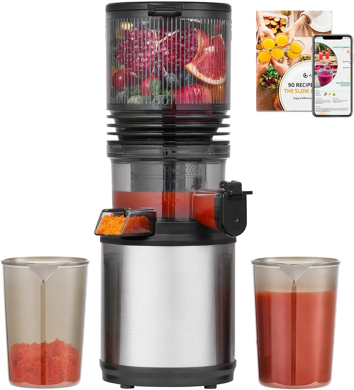 Juicer AMZCHEF Slow, Leistung 180W Kaltpresse, Leiser Betrieb, 160mm XXL-Einfüllschacht für ganze Früchte & Gemüse, Fassungsvermögen 2L Saftbehälter
