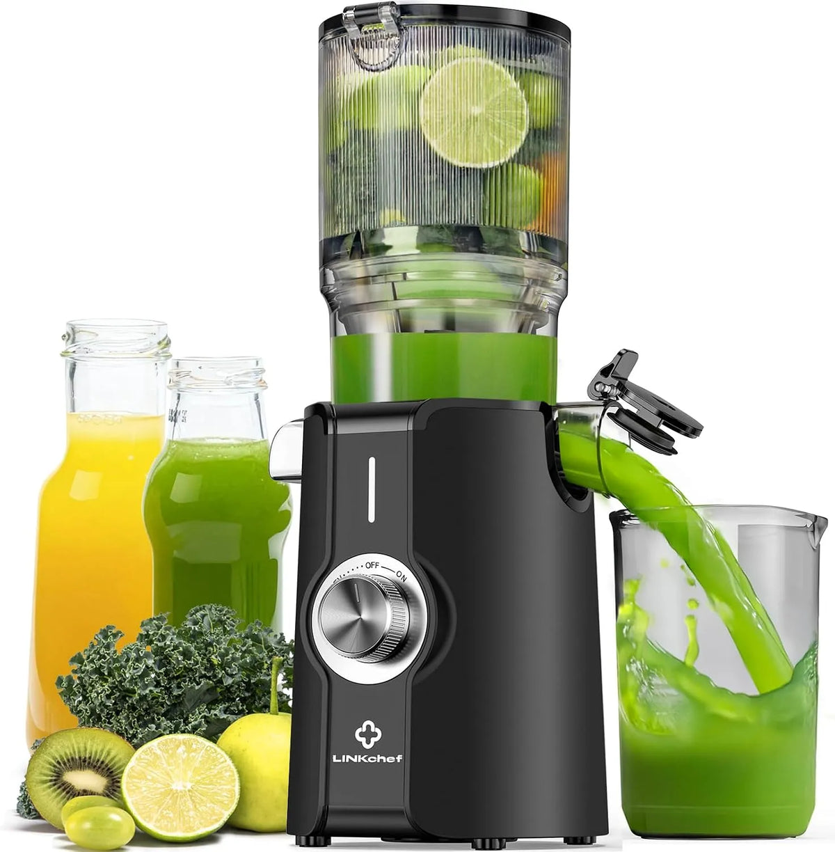 Entsafter LINKChef, Leistung 200w in Schwarz, Gemüse und Obst Testsieger mit 115 mm großem, Slow Juicer, Blitzreiniger, Einfacher Installation