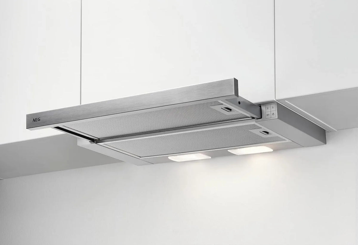 AEG Dunstabzugshaube DPS362AS, max. 71 dB, max. 215 m³/h, Breite 60cm, min. 58, Flachschirm, Abluft oder Umluft, Kurzhubtasten, Farbe Grau