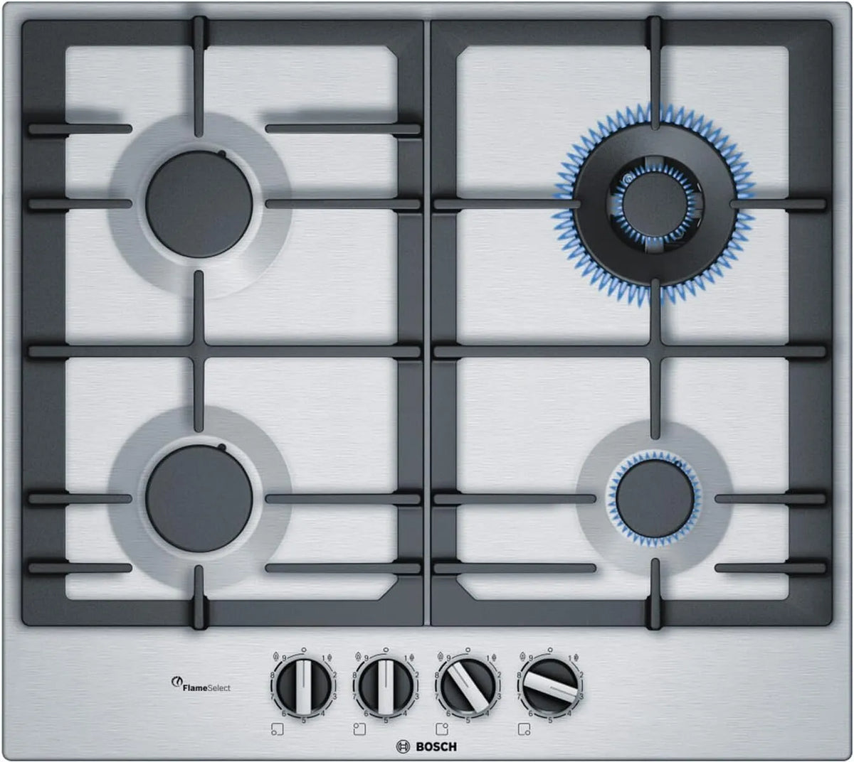 Bosch Kochfeld PCH6A5C90D 1-Hand-Zündung, 60 cm breit, autark, integrierte Schalter, Serie 6 Gaskochfeld, FlameSelect 9 Leistungsstufen
