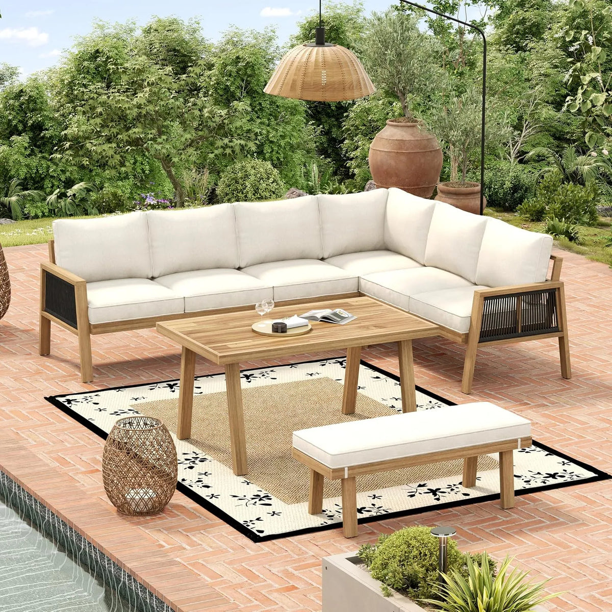 Set Merax Gartenmöbel, Outdoor Lounge aus Akazienholz, Seil Armlehnen, für Garten Terrasse Balkon, Akazientischplatte 120×61 cm, Sitzkissen