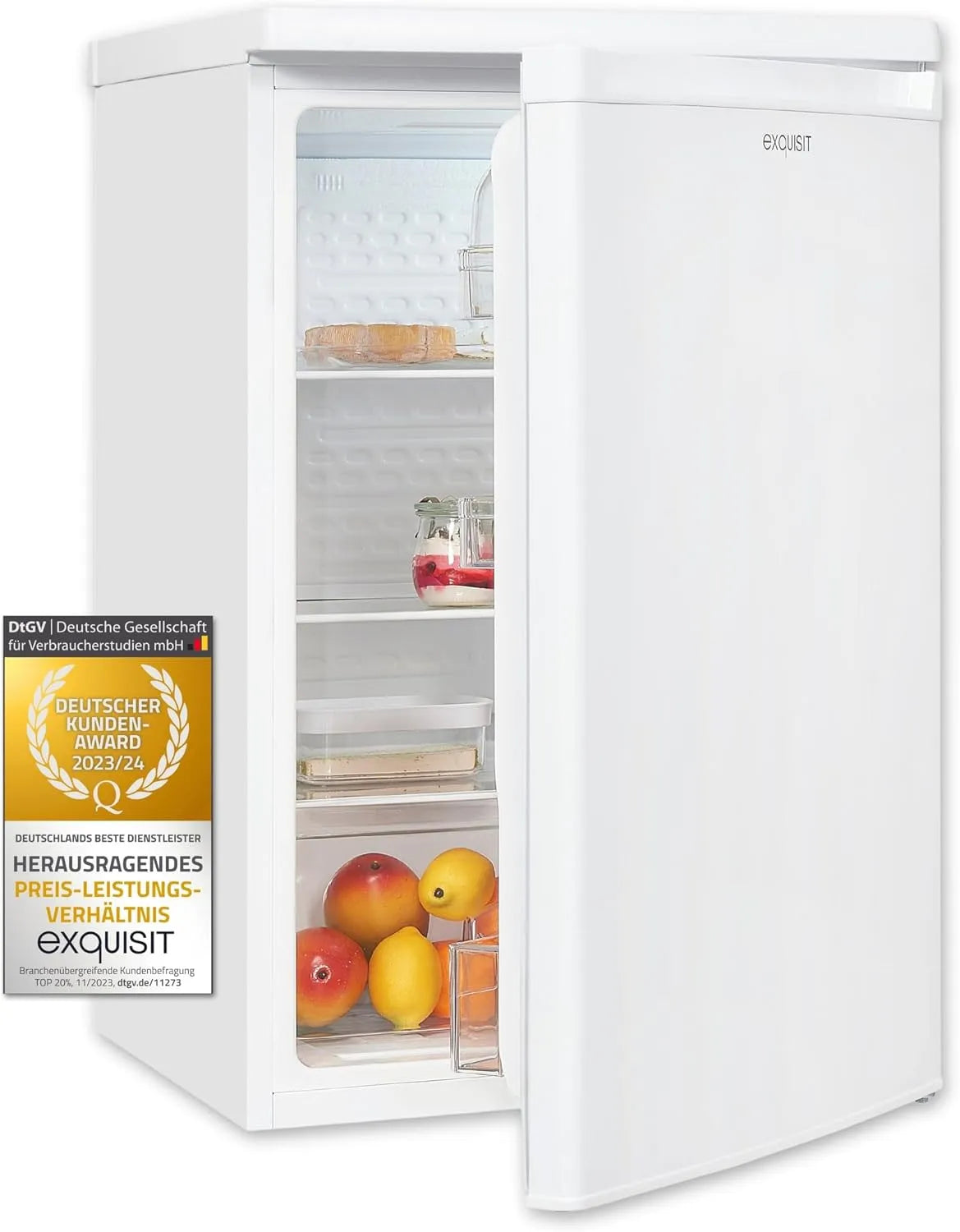 Exquisit Kühlschrank KS16-V-040D, ohne Gefrierfach in freistehender Ausführung, Fassungsvermögen 126 L Volumen, Vollraumkühlschrank weiss, LED