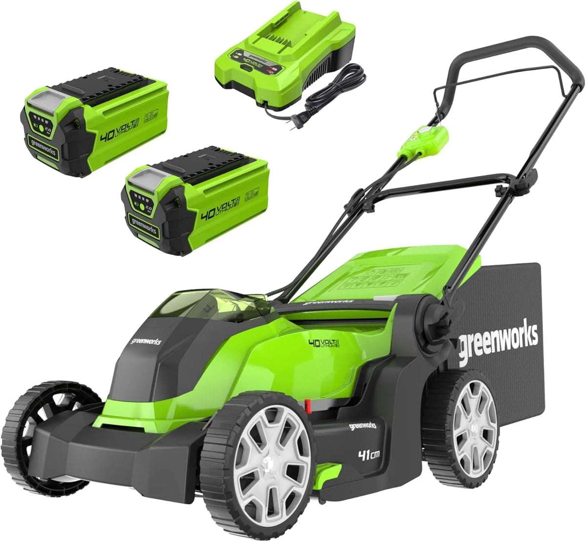 Greenworks Rasenmäher 50-Liter-Sack 2Ah-Akkus Garantie-G40LM41K2X, PLUS zwei 40 V mit Ladegerät, 41 cm Schnittbreite, 3 Jahre -G40LM41K2X