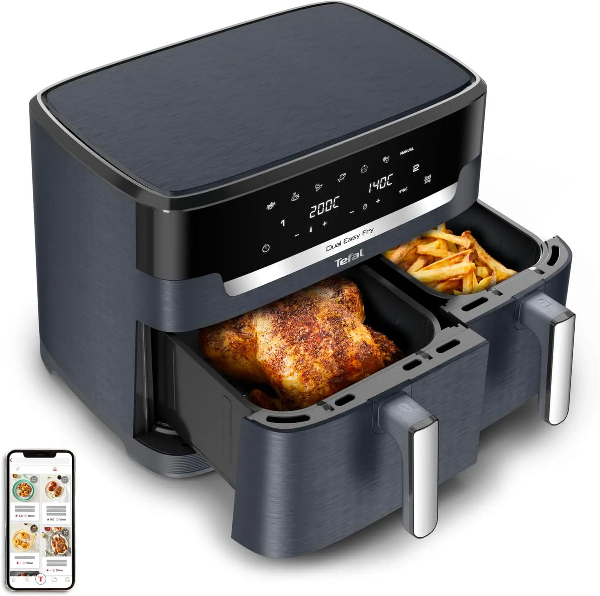 Tefal Heißluftfritteuse EY942B, Leistung 2700 W, 7 Betriebsprogramme, digitales Display, fettarm frittieren, Dual Easy Fry XXL 11 L, Doppelkammer