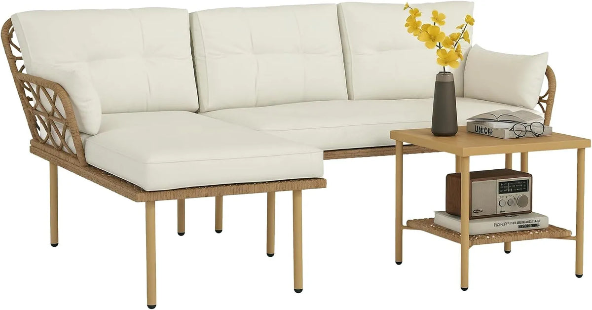 Sofa Outsunny 2-Sitzer-Sofa, 3-teiliges Gartenmöbel-Set aus Rattan, Chaiselongue mit waschbaren Kissen und Couchtisch, Creme