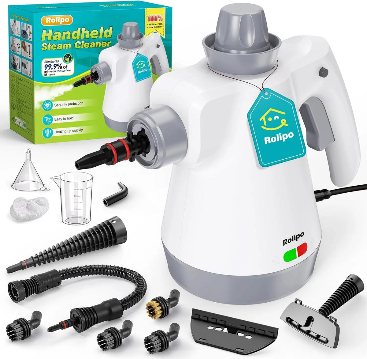 Dampfreiniger Rolipo, Handgerät mit 12-Teiligem Zubehör, Leistung 1050W Steam Cleaner für Haushalt, Polster & Auto–100% Chemiefrei, Küche, Bad