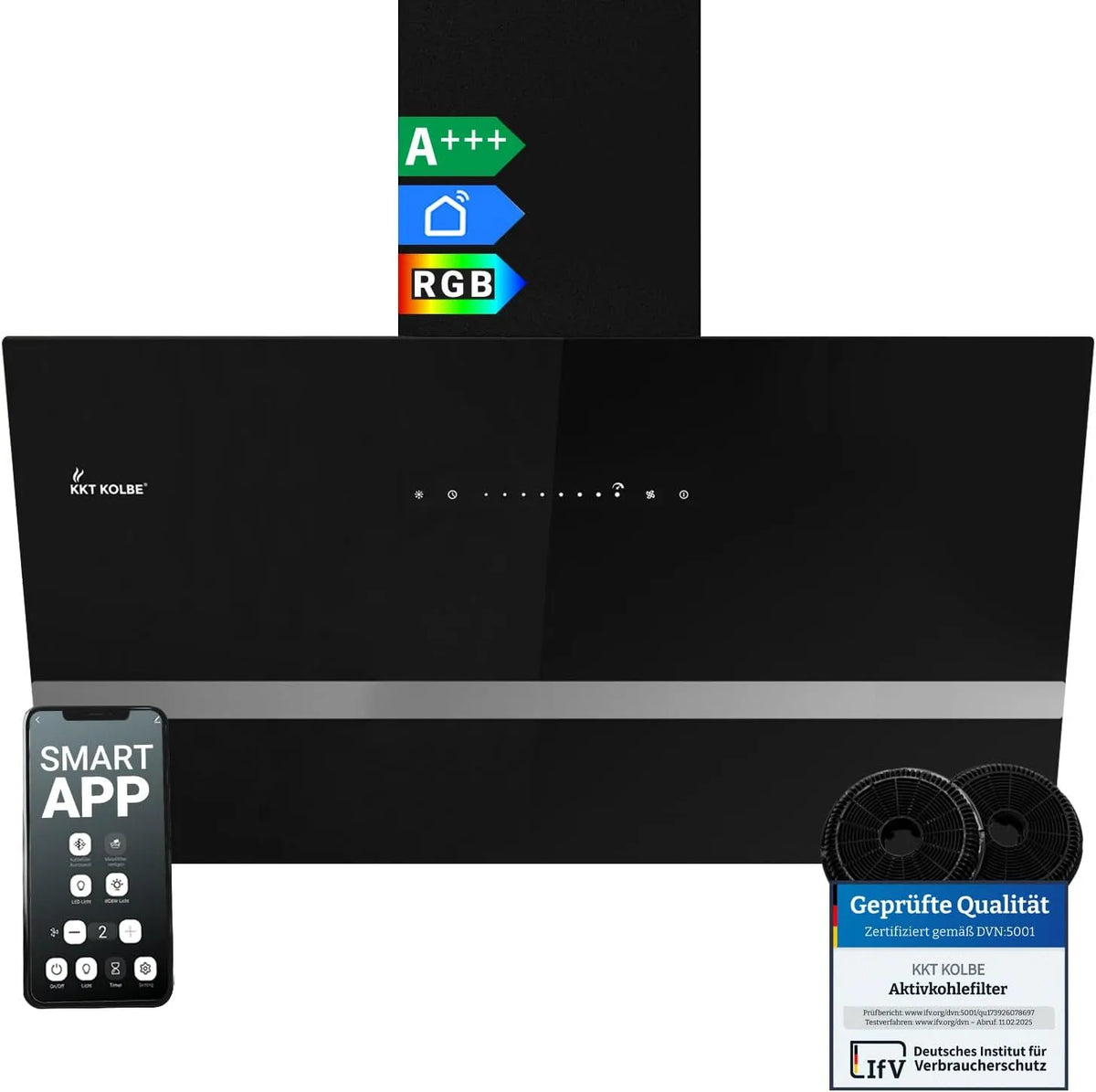 Dunstabzugshaube EASY9005SM KKT KOLBE, 782 cbm, h Umluft Abluft, Wandhaube, in Schwarz Glas, Breite 90 cm, Smart WiFi App WLAN, Kopffrei
