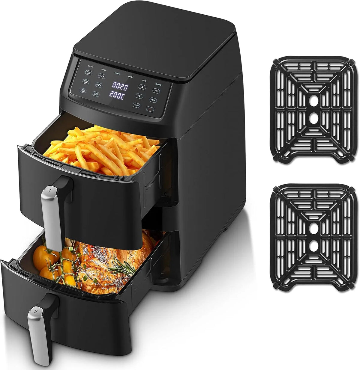Heißluftfritteuse TopStrong, Leistung 2500W, Airfryer 2 Kammern Vertikale 11L, 6 Funktionen & 8 Rezepte, Platzsparendes Design, Spülmaschinenfest