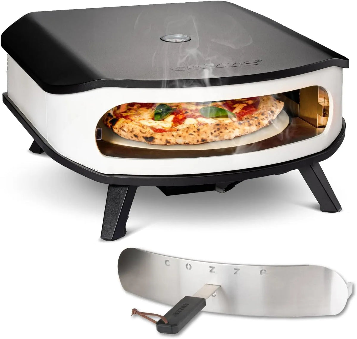 Cozze 17' Pizzaofen mit rotierendem Pizzastein, Leistung 6,0 kW Gasofen 50 mbar, Ø42,5 cm Stein, inklusive. Regler & 1,1 m Gasschlauch, LED & Tür