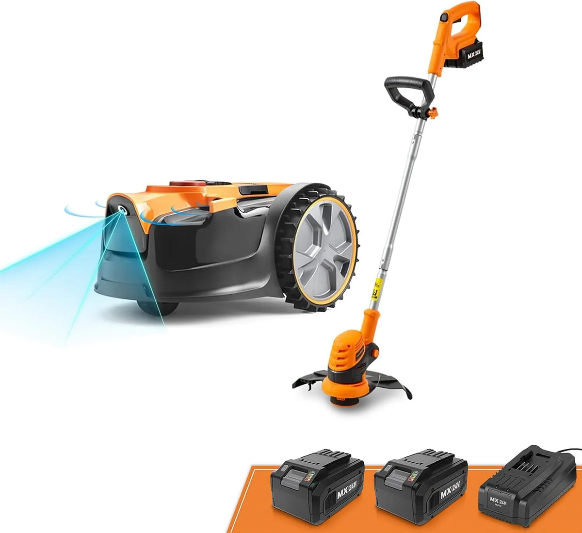 Rasenmäher OcuMow16 LawnMaster, Roboter mit kabellosem 24V Gras-Trimmer-Kombi-Set, punktgenauer Schnitt für bis zu 250 ㎡, optische Navigation