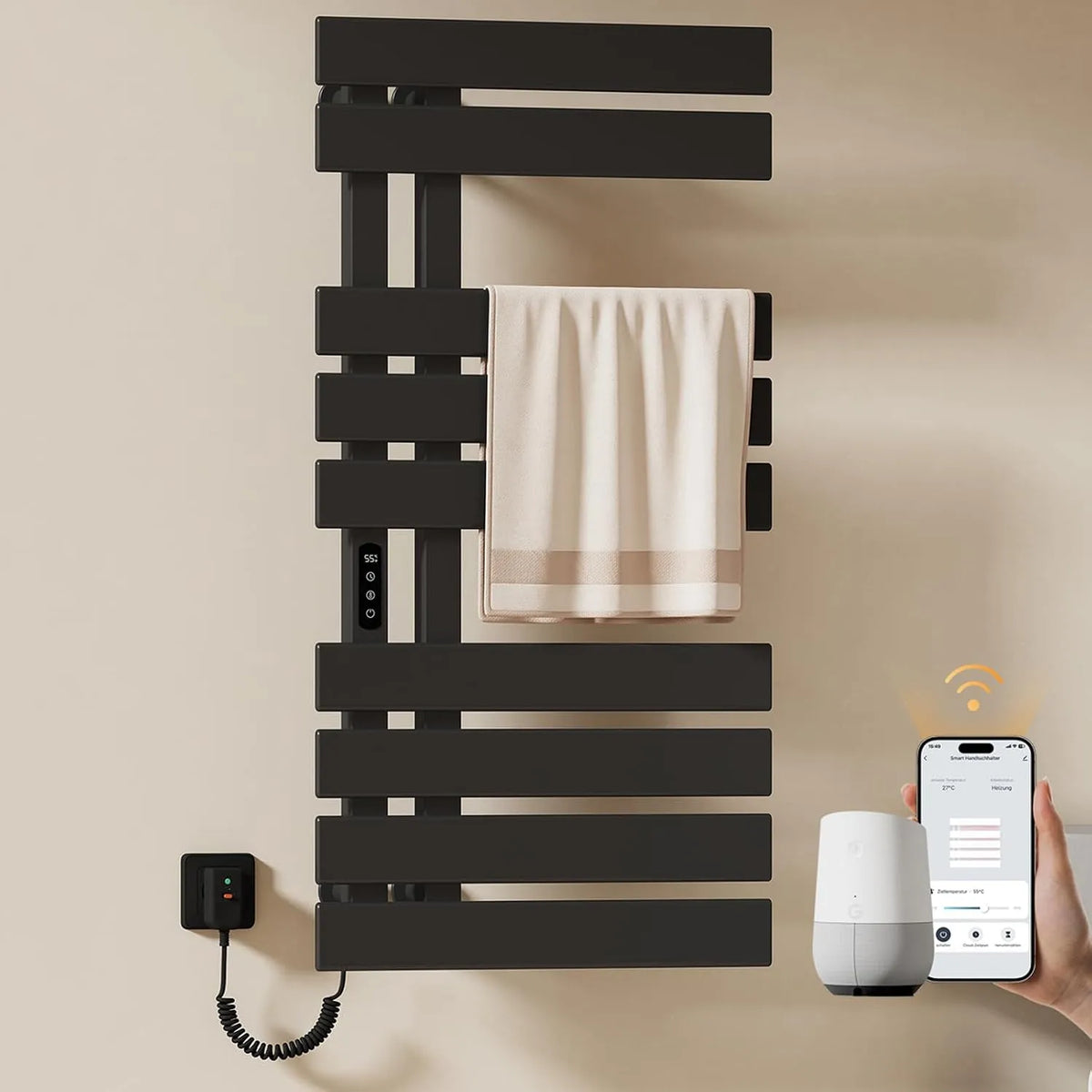 Elektrisch x 1000 EMKE Handtuchheizkörper, Elektrisch x 500 mm, WiFi Smart Thermostat Elektrischer Badheizkörper Handtuchhalter, Left