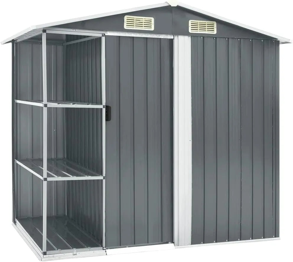 Gartenhaus, mit Regal 4 Lüftungsschlitzen Schiebetür Geräteschuppen Gartenschuppen Gerätehaus Garten Schuppen 205x130x183cm Farbe Grau