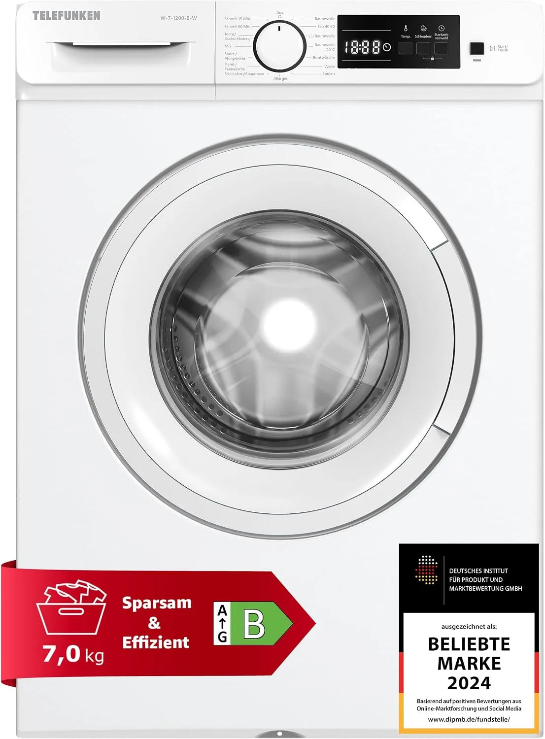 Telefunken Waschmaschine 1200, Gewicht 7kg, W-7 -B-W, 15 Betriebsprogramme, Washing Machine, Inverter-Motor, Frontbeladung U, Min., Leise & Effizient