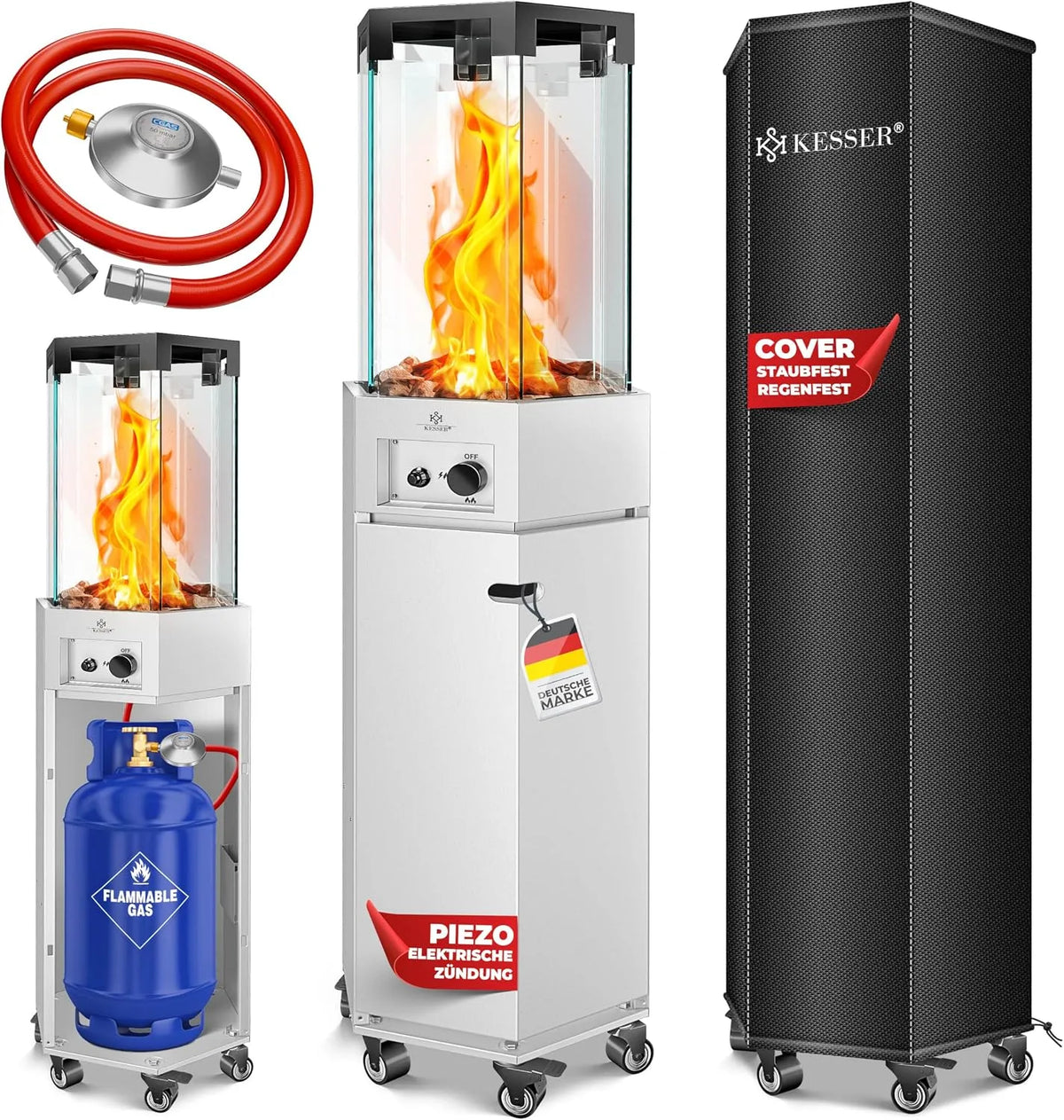 Kesser, Terrassenheizstrahler Gasheizung Gasheizer Outdoor Kamin Mobiler Heizpilz, 360° Rollen Kippschutz, Weiß