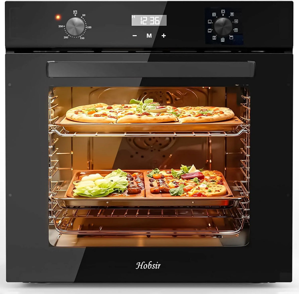 Backofen, 9 Betriebsarten, Hobsir 60 cm Einbaubackofen mit 60 L Fassungsvermögen, 2800 W Heizleistung, Umluftfunktion, Ideal für Großfamilien